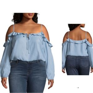 Cold Shoulder Ruffle Woven Blouse- Juniors XXL